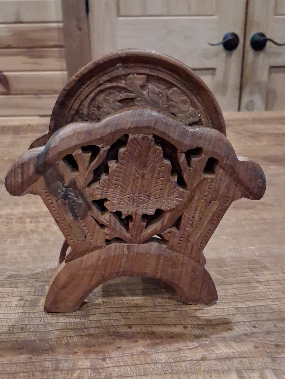 Vintage Hand-Carved Wooden Coaster Set With Floral Motif Holder